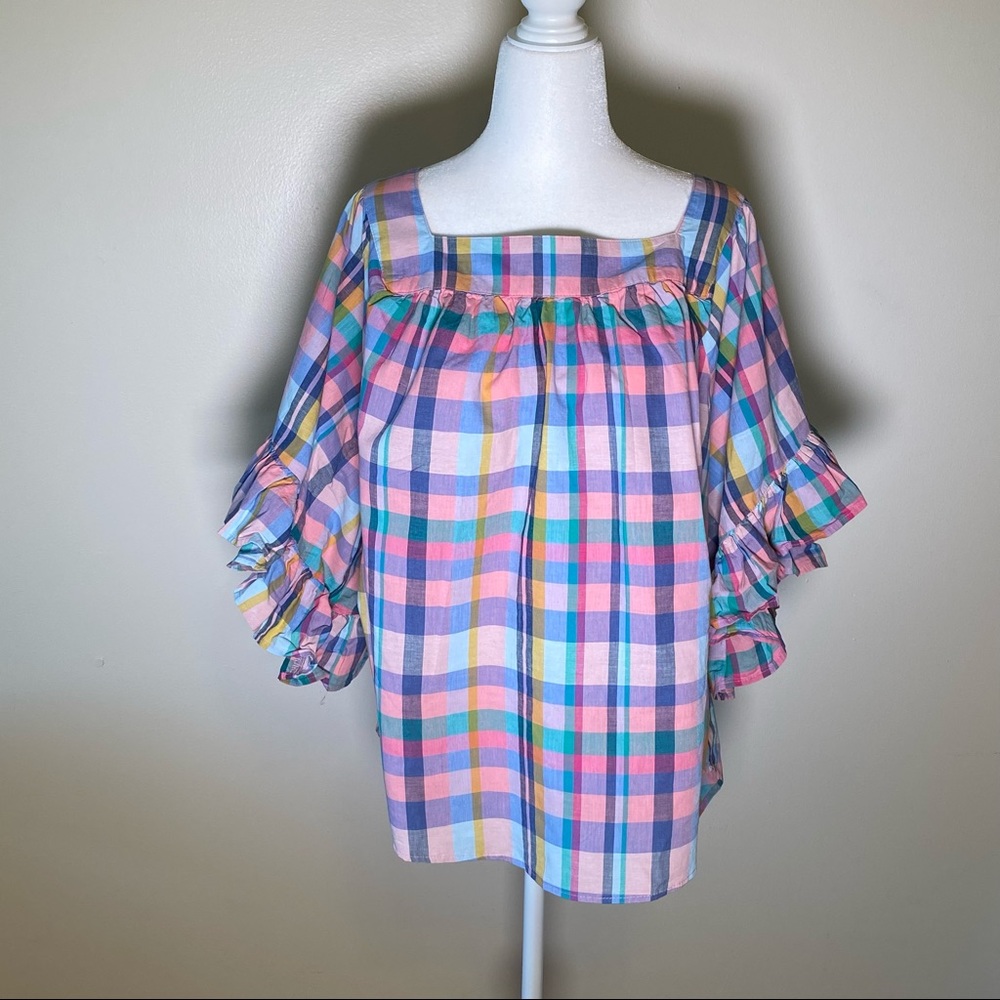 Terra and Skye Blue and Pink pastel plaid Size  3x top with ruffled slee…